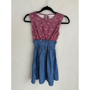 Trend Blossoms Girl Dusty Rose& Blue ChambryFloral Bow Button- Up Dress